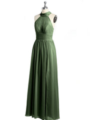 Col Haut Longueur Complète Robes Avec Fente Olive Verte