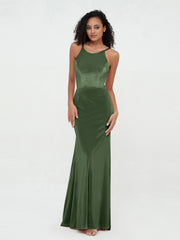 Robes en Velours à Encolure Scoop avec Traîne de Balayage Olive Verte Grande Taille