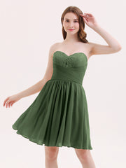 Sans Bretelles Mousseline Robe Courte avec Col en Cœur Olive Verte