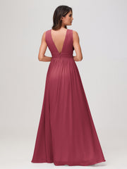 Robe en Mousseline Sans Manches à Col en V avec Fente Cannelle Rose