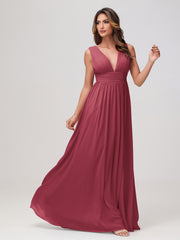 Robe en Mousseline Sans Manches à Col en V avec Fente Cannelle Rose