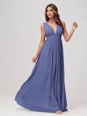 Robe en Mousseline Sans Manches à Col en V avec Fente Pervenche
