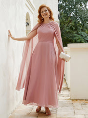 Robe de A-ligne à Col en Bijou Longueur de Mollet en Mousseline Rose Poudré