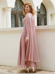 Robe de A-ligne à Col en Bijou Longueur de Mollet en Mousseline Rose Poudré Grande Taille