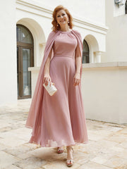 Robe de A-ligne à Col en Bijou Longueur de Mollet en Mousseline Rose Poudré Grande Taille