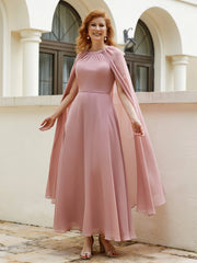 Robe de A-ligne à Col en Bijou Longueur de Mollet en Mousseline Rose Poudré