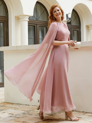 Robe de A-ligne à Col en Bijou Longueur de Mollet en Mousseline Rose Poudré Grande Taille