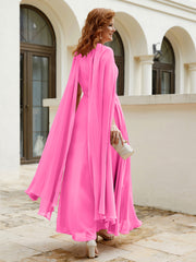 Robe de A-ligne à Col en Bijou Longueur de Mollet en Mousseline Azalée