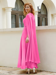 Robe de A-ligne à Col en Bijou Longueur de Mollet en Mousseline Azalée Grande Taille