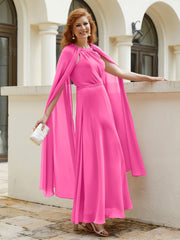 Robe de A-ligne à Col en Bijou Longueur de Mollet en Mousseline Azalée