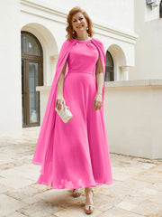 Robe de A-ligne à Col en Bijou Longueur de Mollet en Mousseline Azalée
