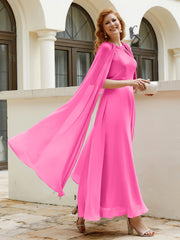 Robe de A-ligne à Col en Bijou Longueur de Mollet en Mousseline Azalée