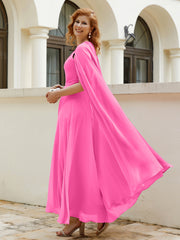 Robe de A-ligne à Col en Bijou Longueur de Mollet en Mousseline Azalée Grande Taille