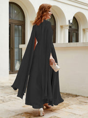 Robe de A-ligne à Col en Bijou Longueur de Mollet en Mousseline Noir