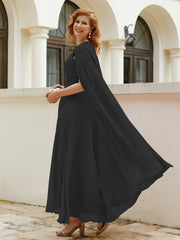 Robe de A-ligne à Col en Bijou Longueur de Mollet en Mousseline Noir