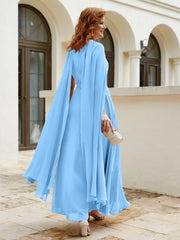 Robe de A-ligne à Col en Bijou Longueur de Mollet en Mousseline Bleu