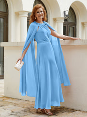 Robe de A-ligne à Col en Bijou Longueur de Mollet en Mousseline Bleu
