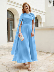 Robe de A-ligne à Col en Bijou Longueur de Mollet en Mousseline Bleu