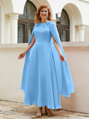 Robe de A-ligne à Col en Bijou Longueur de Mollet en Mousseline Bleu Grande Taille