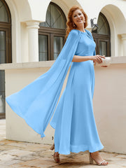 Robe de A-ligne à Col en Bijou Longueur de Mollet en Mousseline Bleu Grande Taille