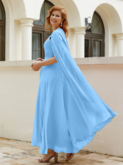Robe de A-ligne à Col en Bijou Longueur de Mollet en Mousseline Bleu