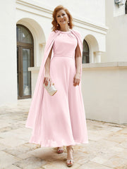 Robe de A-ligne à Col en Bijou Longueur de Mollet en Mousseline Rose Pâle