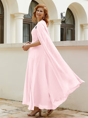 Robe de A-ligne à Col en Bijou Longueur de Mollet en Mousseline Rose Pâle