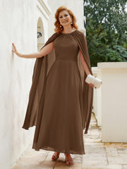 Robe de A-ligne à Col en Bijou Longueur de Mollet en Mousseline Brun