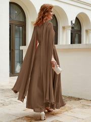 Robe de A-ligne à Col en Bijou Longueur de Mollet en Mousseline Brun