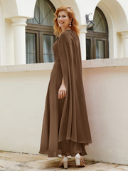 Robe de A-ligne à Col en Bijou Longueur de Mollet en Mousseline Brun