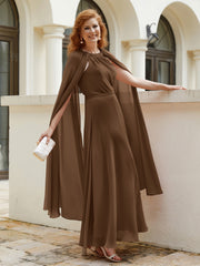 Robe de A-ligne à Col en Bijou Longueur de Mollet en Mousseline Brun