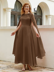 Robe de A-ligne à Col en Bijou Longueur de Mollet en Mousseline Brun Grande Taille