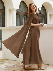 Robe de A-ligne à Col en Bijou Longueur de Mollet en Mousseline Brun