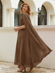 Robe de A-ligne à Col en Bijou Longueur de Mollet en Mousseline Brun