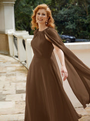 Robe de A-ligne à Col en Bijou Longueur de Mollet en Mousseline Brun Grande Taille