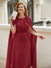 Robe de A-ligne à Col en Bijou Longueur de Mollet en Mousseline Bordeaux