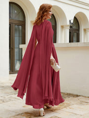 Robe de A-ligne à Col en Bijou Longueur de Mollet en Mousseline Bordeaux