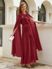 Robe de A-ligne à Col en Bijou Longueur de Mollet en Mousseline Bordeaux