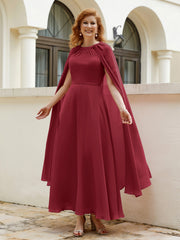 Robe de A-ligne à Col en Bijou Longueur de Mollet en Mousseline Bordeaux