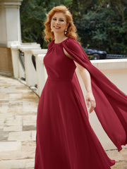 Robe de A-ligne à Col en Bijou Longueur de Mollet en Mousseline Bordeaux