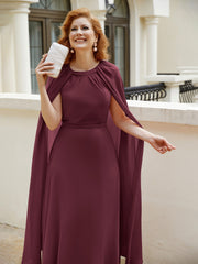 Robe de A-ligne à Col en Bijou Longueur de Mollet en Mousseline Cabernet