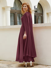 Robe de A-ligne à Col en Bijou Longueur de Mollet en Mousseline Cabernet Grande Taille