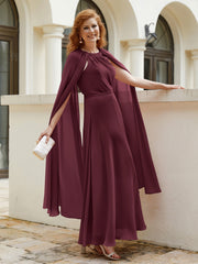 Robe de A-ligne à Col en Bijou Longueur de Mollet en Mousseline Cabernet