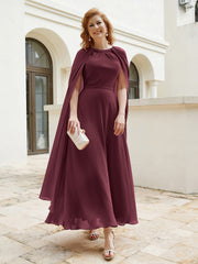Robe de A-ligne à Col en Bijou Longueur de Mollet en Mousseline Cabernet