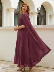 Robe de A-ligne à Col en Bijou Longueur de Mollet en Mousseline Cabernet