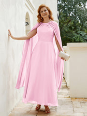 Robe de A-ligne à Col en Bijou Longueur de Mollet en Mousseline Rose Bonbon Grande Taille