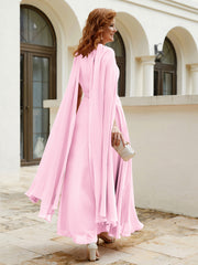 Robe de A-ligne à Col en Bijou Longueur de Mollet en Mousseline Rose Bonbon Grande Taille