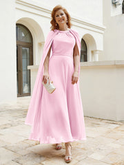 Robe de A-ligne à Col en Bijou Longueur de Mollet en Mousseline Rose Bonbon Grande Taille