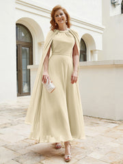 Robe de A-ligne à Col en Bijou Longueur de Mollet en Mousseline Champagne