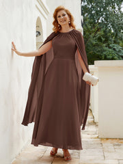 Robe de A-ligne à Col en Bijou Longueur de Mollet en Mousseline Chocolat Grande Taille